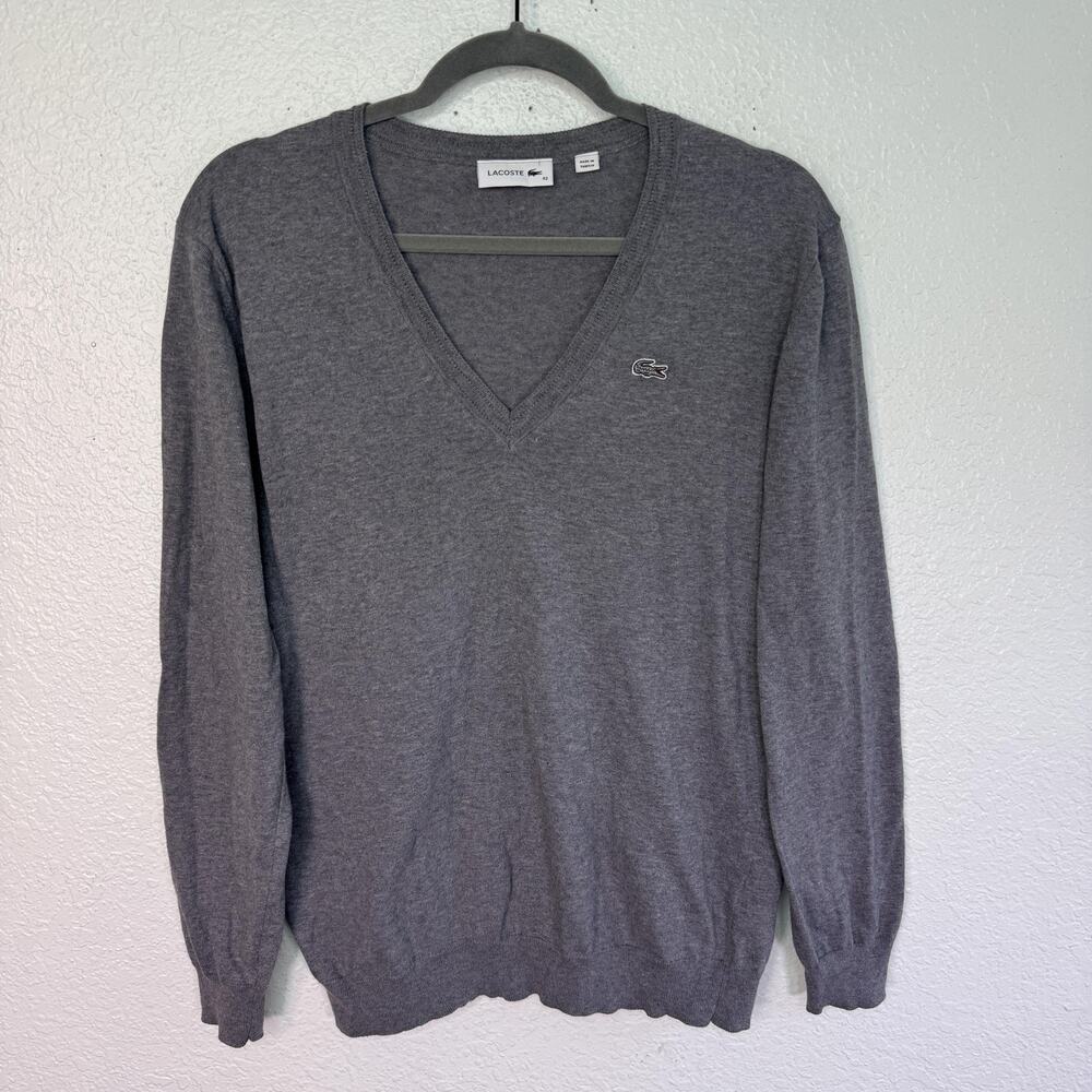 Lacoste Sweater Women 42 Gray V Neck Cotton Logo Long Sleeve Knit Pullover Large